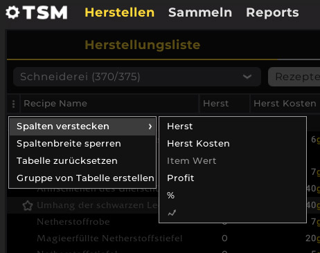 TSM Crafting 5 Tabelle