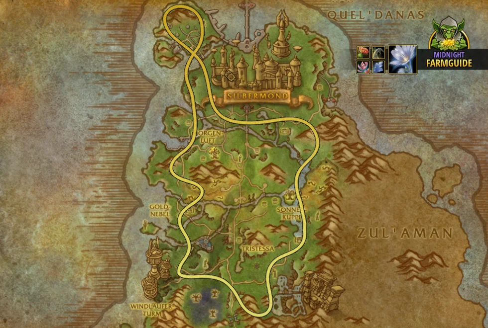 Midnight Farmroute Immersangwald Kraeuterkunde Harmonieblume farmen Azerwurz Argentumblatt Manalilie Rotdorn