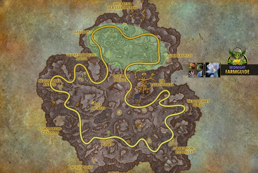 Midnight Farmroute Leerensturm Kraeuterkunde Harmonieblume farmen Azerwurz Argentumblatt Manalilie Rotdorn