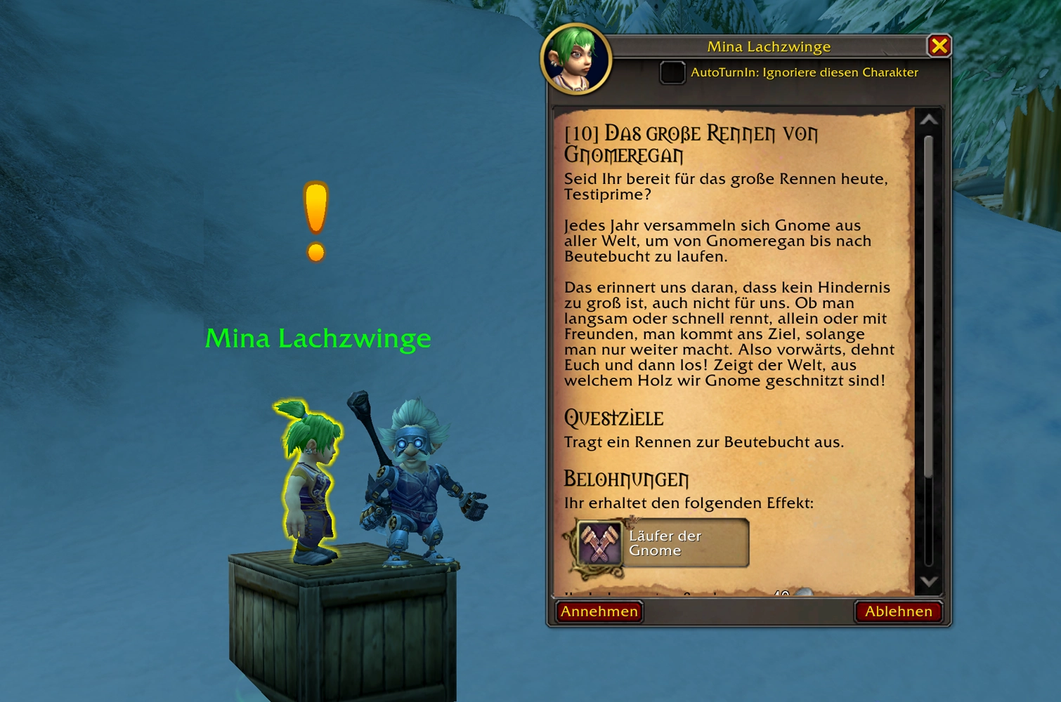 Mina Lachzwinge bietet die Quest Das große Rennen von Gnomeregan an