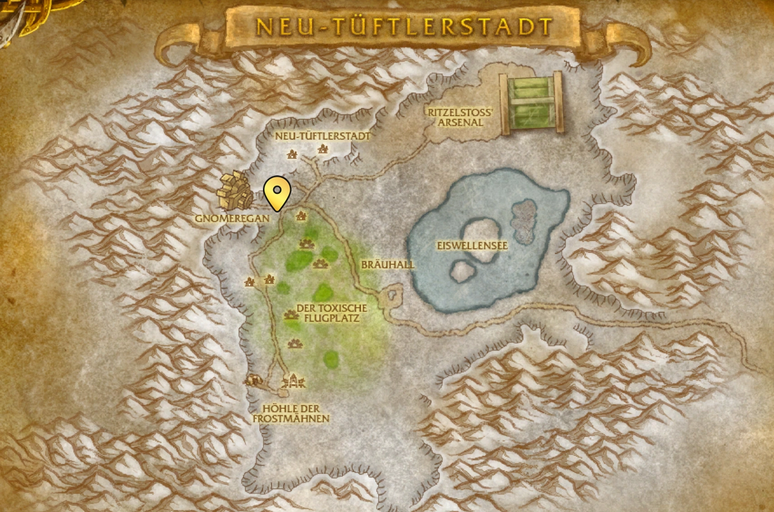 Karte von Neu-Tüftlerstadt mit markiertem Startpunkt des Gnomrennens bei Gnomeregan