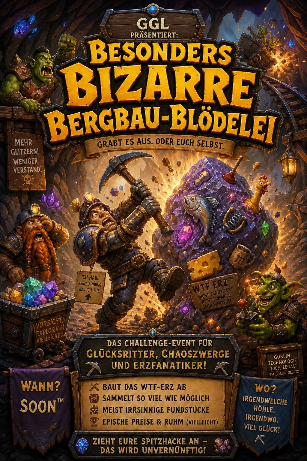 Quixxans Event-Plakat: Besonders Bizarre Bergbau-Blödelei