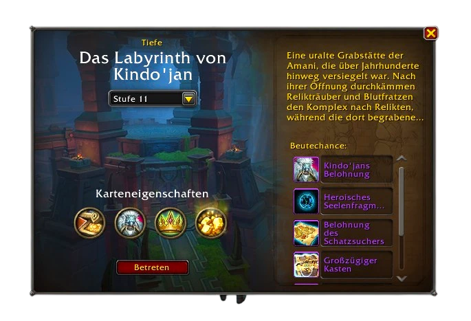 Auswahl von Stufe 11 und Beutevorschau im Labyrinth