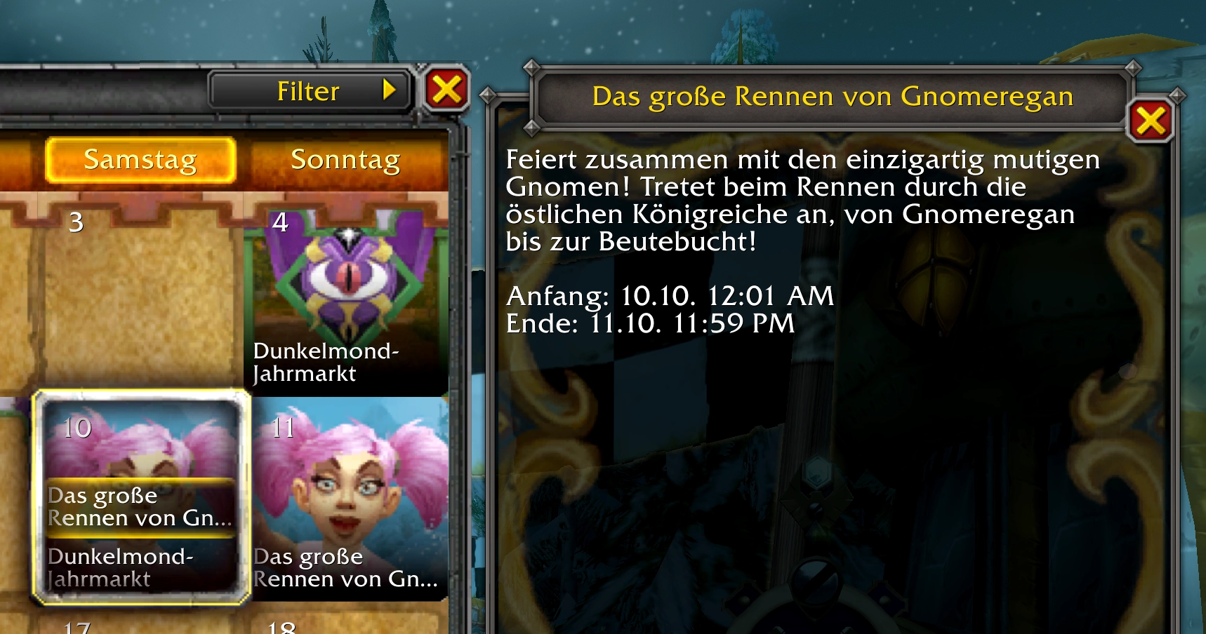 Ingame-Kalender: Gnomrennen vom 10. Oktober um 00:01 Uhr bis 11. Oktober um 23:59 Uhr